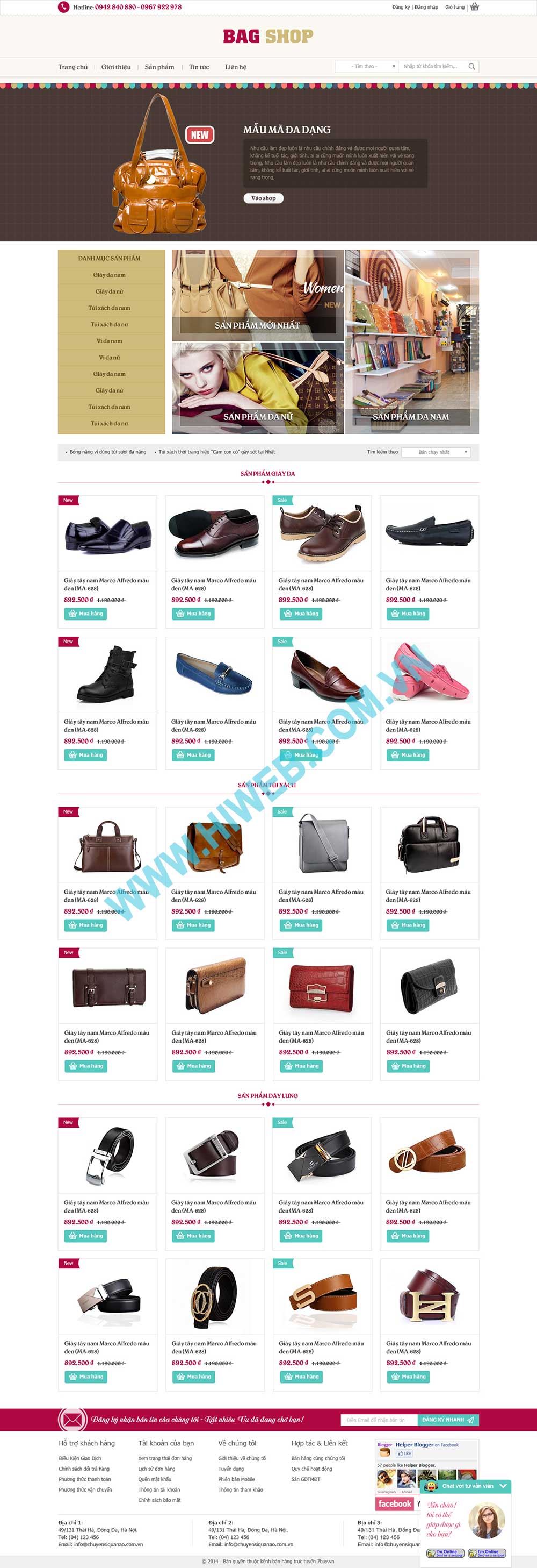 Mẫu thiết kế web kinh doanh giầy túi xách